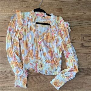 Free People Floral Ruffle Smocked Blouse - Orange and White